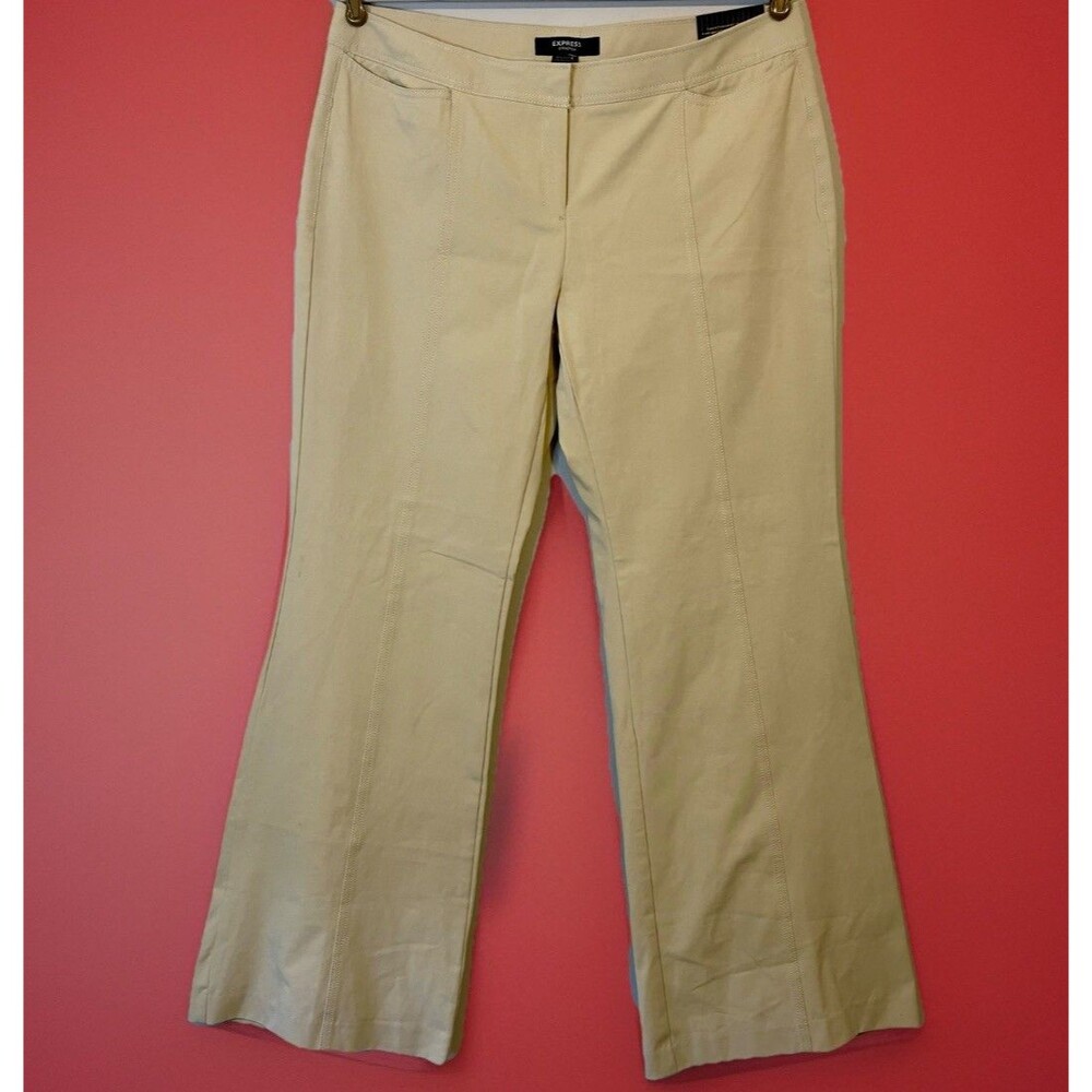 NEW Express Pants Women's 13/14 Long Stretch Low-Slung Flare Khaki Precision Fit